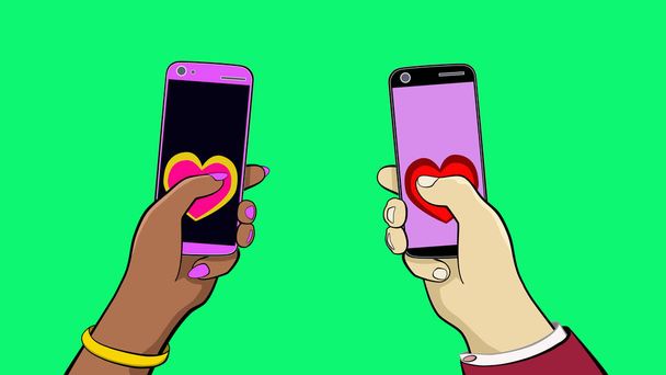 Ruka muže a ženy. Držte dva smartphony a volejte si navzájem. Uprostřed obrazovky jsou symboly srdce. Pozadí můžete nahradit. 4k. - Fotografie, Obrázek