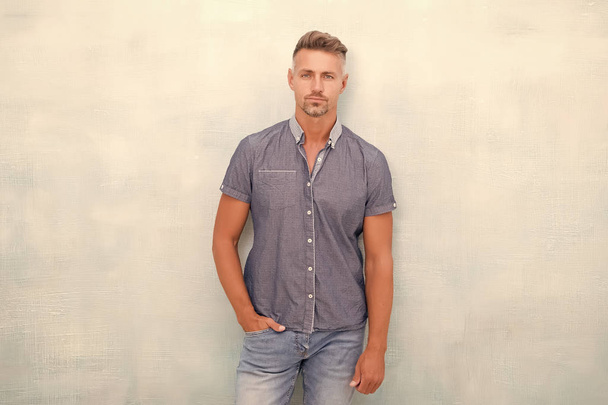 Posture concept. Posture has huge impact on mental and physical health. Handsome mature man in casual wear. Confident guy wearing casual clothes. Good body posture indicates that you are confident - Photo, Image