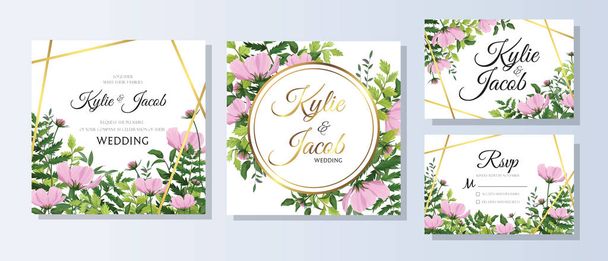 Wedding Invitation, thank you, rsvp card. Floral design with pink wild flowers and green watercolor fern leaves, foliage greenery decorative gold frame print. Vector elegant cute rustic greeting. - Vector, Image