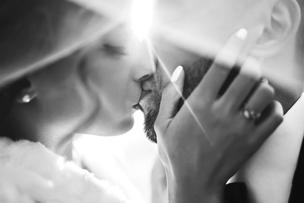 Black and white foto of amazing smiling wedding couple. Pretty bride and stylish groom posing  and kisses tenderly in the shadow of a flying veil. Romantic moment.Together. Wedding. Marriage. - Zdjęcie, obraz