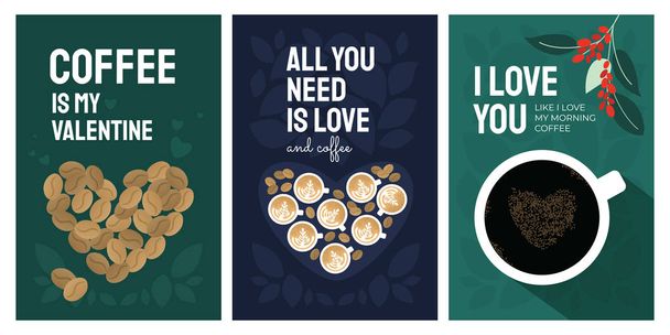 Set of greeting card with love and coffee - Вектор,изображение
