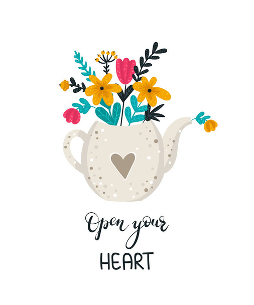 Vector hand tekening poster met schattige theepot en bloemen en liefde - Vector, afbeelding