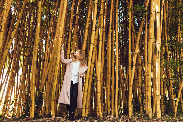 among a dense bamboo thicket stands a girl in a coat - Foto, Imagem