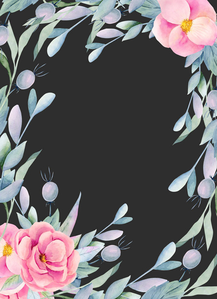 Ramka, kwiatowa granica akwareli różowe kwiaty briar, jagody i gałęzie, ręcznie malowane na ciemnym tle - Zdjęcie, obraz