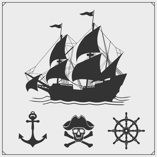 船の紋章ヨットクラブ、海の冒険と海洋クルーズ。ベクターイラスト. - ベクター画像