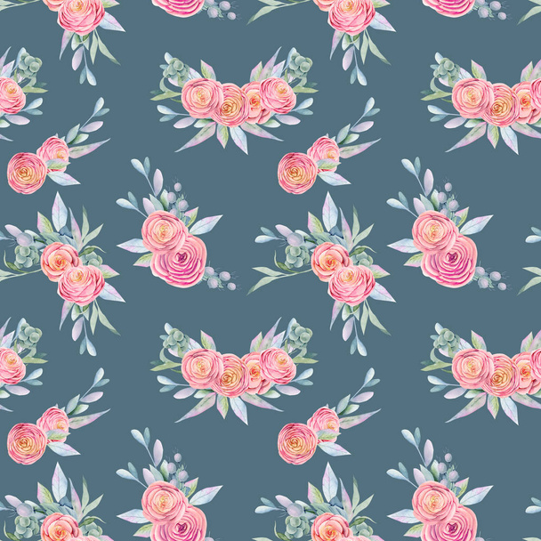 Seamless pattern of watercolor floral bouquets and compositions of roses and green plants, hand painted on dark blue background - Photo, Image