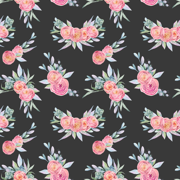 Seamless pattern of watercolor floral bouquets and compositions of roses and green plants, hand painted on dark background - Foto, Bild