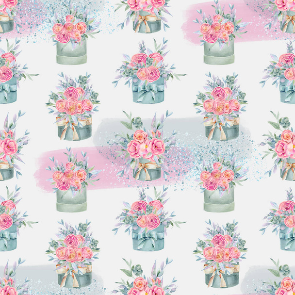 Seamless pattern of watercolor gift boxes with pink beautiful roses, green leaves and branches, hand painted on grey background - Photo, Image