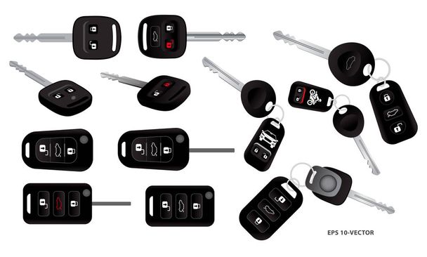 набір реалістичних автомобільних ключів з системою сигналізації або автомобільним ключем з дистанційним керуванням або концепцією віддаленої системи безпеки автомобіля
.   - Вектор, зображення