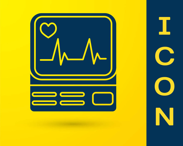 Monitor de ordenador azul con icono de cardiograma aislado sobre fondo amarillo. Icono de monitoreo. Monitor ECG con latidos cardíacos dibujados a mano. Ilustración vectorial
 - Vector, Imagen