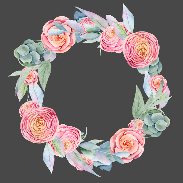 Wreath of watercolor pink beautiful roses, green leaves, berries and branches, hand painted on dark background, for wedding and other festive decorations - Photo, Image