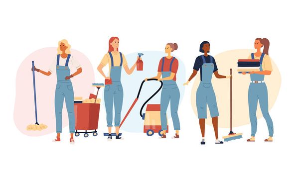 Reinigungsfirma Konzept. Design von Reinigungspersonal weibliche Charaktere mit Werkzeugen für professionelle Reinigung. glückliche Frauen am Arbeitsplatz. flachen Stil. Vektorillustration - Vektor, Bild