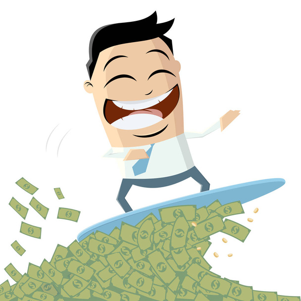 divertido hombre de negocios de dibujos animados surfeando en la ola de dinero
 - Vector, Imagen