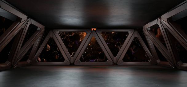 sci fi korytarz z widokiem galaktyki 3d renderowania - Zdjęcie, obraz
