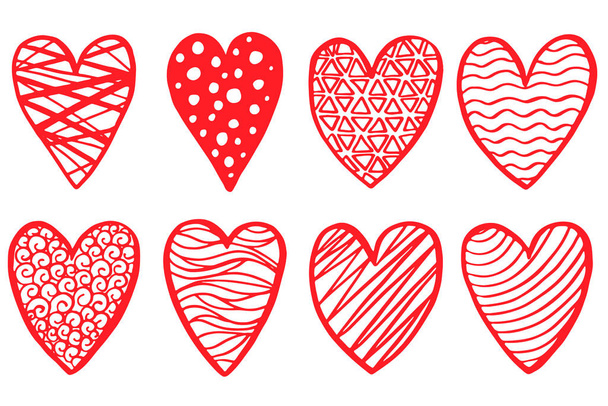 A set of red decorative hand-drawn hearts - Vector, Imagen