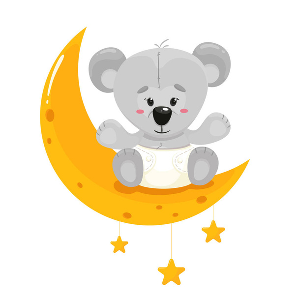A cute teddy bear in a diaper on the moon. Vector illustration in cartoon flat style. White background. - Vetor, Imagem