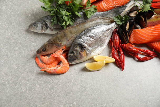 Fresh raw fish and different seafood on light grey table. Space for text - Photo, Image
