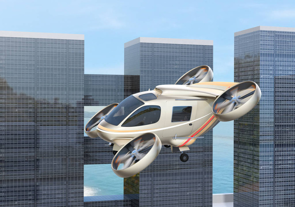Золотий колір літаючого автомобіля (повітряне таксі) літає в сучасному місті. 3D візуалізація зображення
. - Фото, зображення