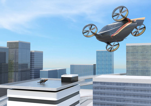 Чёрный летающий автомобиль (воздушное такси) закрывает порт дрона на крыше здания для посадки. 3D рендеринг изображений
. - Фото, изображение