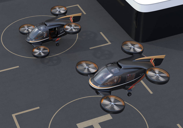 Musta lentävä auto (ilma taksi) lentoonlähtö tai laskeutuminen drone Port. 3D-renderöintikuva
. - Valokuva, kuva