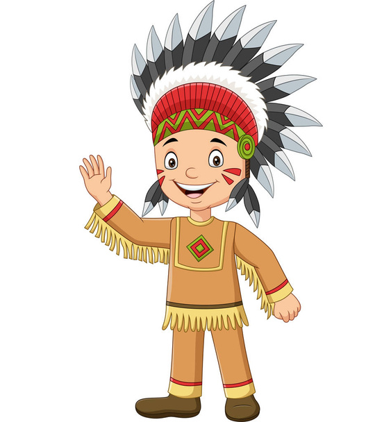 Illustration vectorielle de dessin animé garçon indigène amérindien agitant
 - Vecteur, image