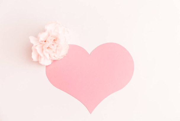 A large pink heart with a place for text decorated with a small pink clove flower on a white background - Foto, imagen