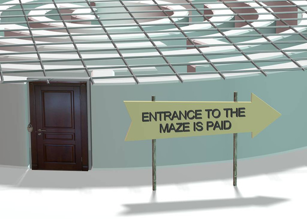 The entrance to the maze is closed with a lock and the inscription " Entrance to the maze is paid" - Foto, Imagen