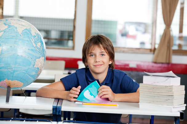 schooljongen zitten met boeken en globe aan balie - Zdjęcie, obraz