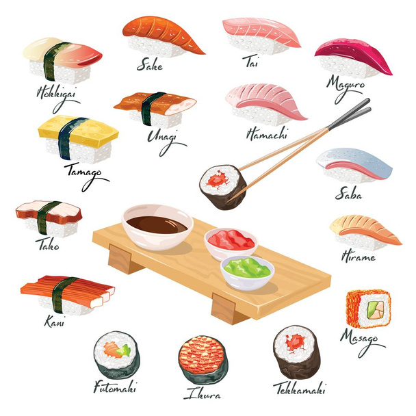 Großes Vektorset mit japanischem Sushi, Sashimi, Makizushi, Norimaki gruppiert um ein hölzernes Geta-Tablett. - Vektor, Bild