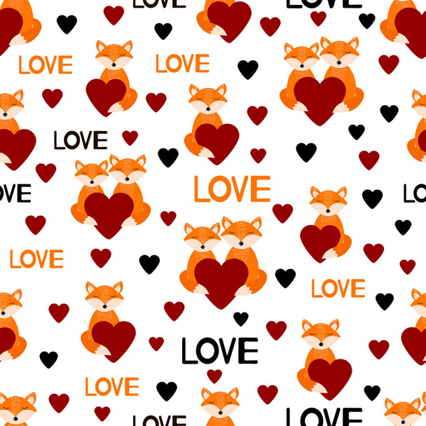 Seamless pattern with cute foxes, words Love and hearts.  - ベクター画像