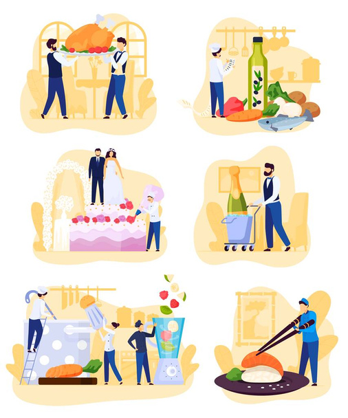 Ресторан люди приготовления пищи и питания, мультфильмы персонажей векторной иллюстрации
 - Вектор,изображение