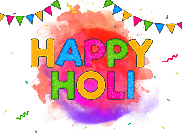 Πολύχρωμο Happy Holi κείμενο στο φόντο εφέ ακουαρέλας Διακόσμηση - Διάνυσμα, εικόνα