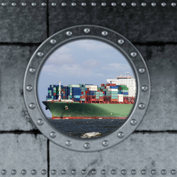 Looking through a ship Porthole.  Ship on the ocean. 3D Rendering - Foto, imagen