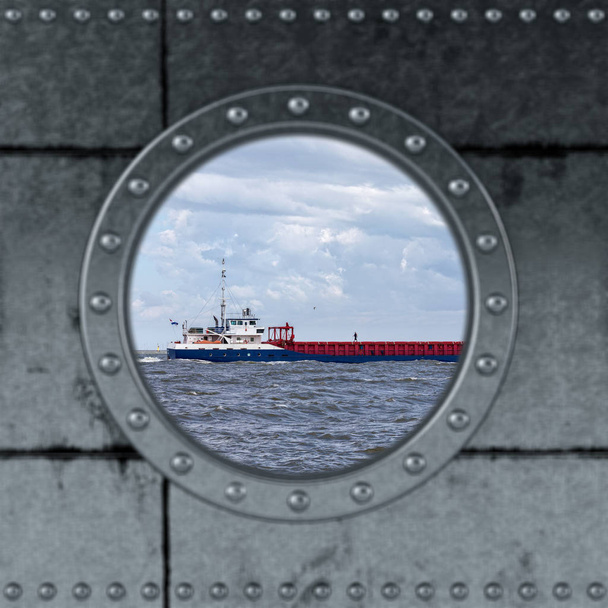 Looking through a ship Porthole.  Ship on the ocean. 3D Rendering - Фото, изображение