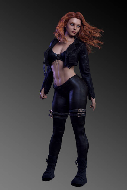 Redhaired Urban Fantasy Woman in Black Leather - Photo, Image
