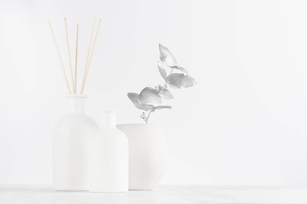 Modern exquisite decoration for home interior -  aromatherapy white bottles with sticks, ceramic vase, silver leaves on white wood background. - Foto, afbeelding