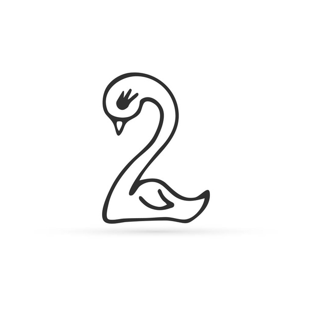 doodle cyfra dwa lub ikona ptaka łabędzia izolowane na białym, wiązka matematyki znak, zarys dzieci ręcznie rysunku linii sztuki, szkic wektor ilustracja - Wektor, obraz