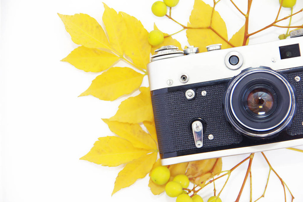 vieja cámara de fotos rara vintage con una lente en una caja negra y hojas amarillas de otoño
 - Foto, imagen