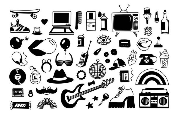 Collection retro icons elements in trendy 80s-90s hand-drawn car - Vector, Image