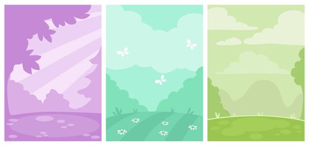 Set of three simple monochrome vertical nature backgrounds. Outdoor landscapes, silhouette drawing. - Vector, Image