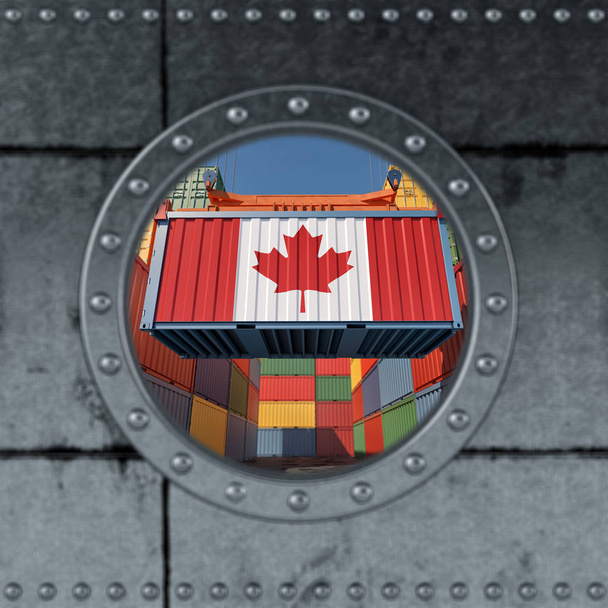 Blick durch ein Bullauge des Schiffes. Container mit kanadischer Flagge beladen. 3D-Darstellung - Foto, Bild