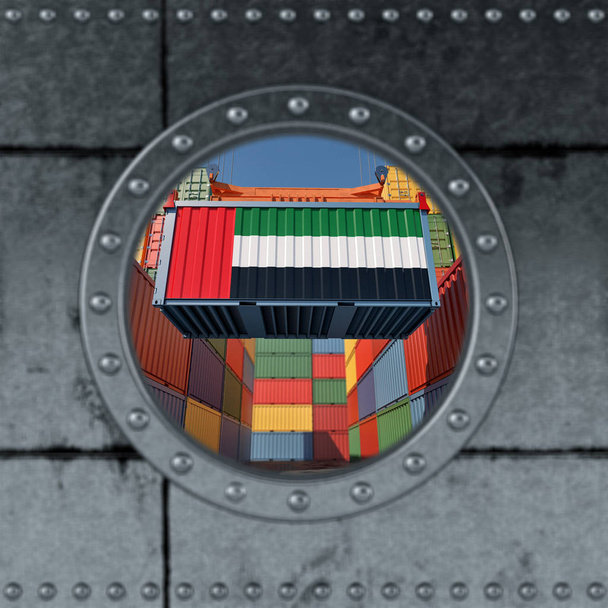 Looking through a ship Porthole. Container with United Arab Emirates flag being loaded. 3D Rendering - Фото, изображение