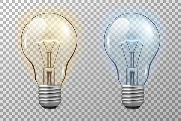 Realistic light bulb. Glowing yellow and blue filament lamps. Vector 3D light bulbs set on transparent background. template creativity idea business innovation - Vector, Image