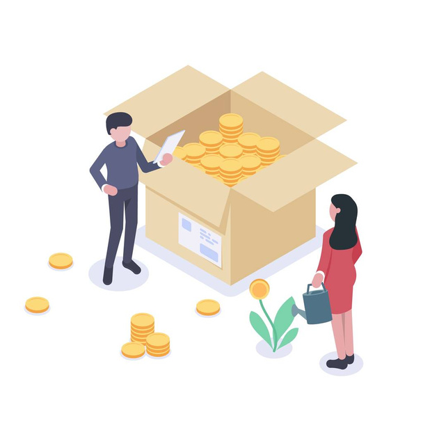 People characters stand near boxes with coins and money. The concept of increasing revenue growth and profits. Woman is watering a money tree. Man puts coins into a box. Flat vector isometric. - Vector, Image