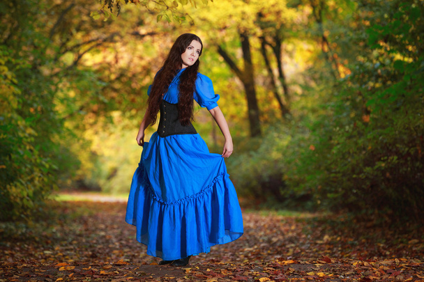 A beautiful woman in a blue dress in autumn park - 写真・画像