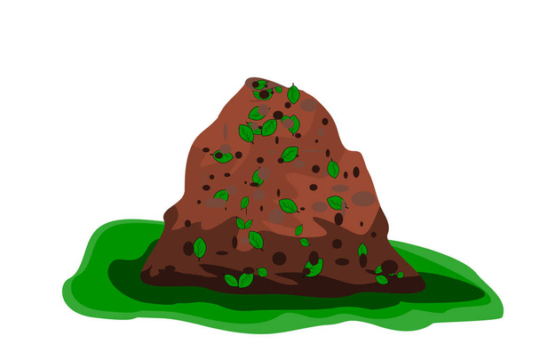 Pile of soil isolated on white background. Heap of earth, organic fertilizer, compost. Hill of brown substrate. Ground with organic garbage. Zero waste. Colored flat icon, cartoon design. Stock vector - Wektor, obraz