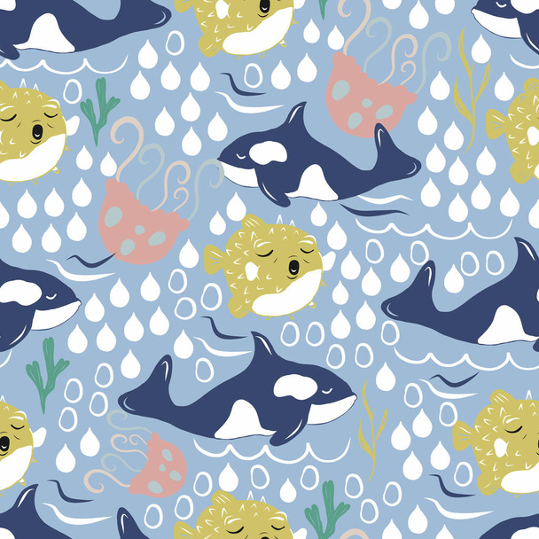 Vector seamless pattern with whales, jellyfish and balloon fish. - Vector, Image