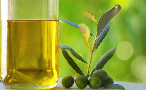 Green Olives and olive oil. - Valokuva, kuva