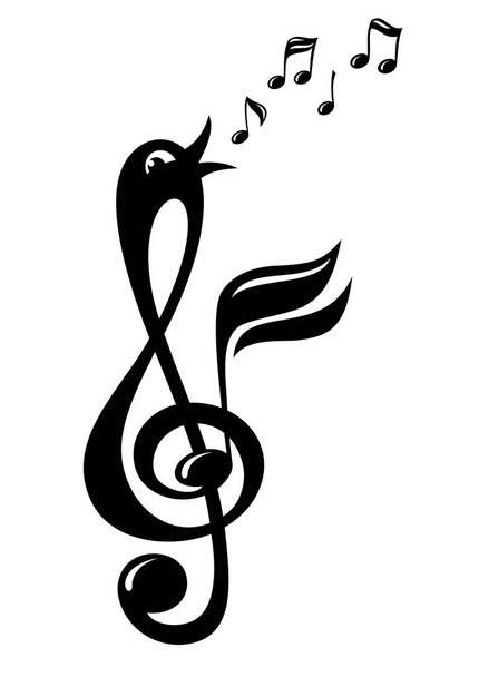 Treble clef in the form of a cheerful singing bird. Decorative element on a musical theme. Treble clef like a bird. - Vector, Image