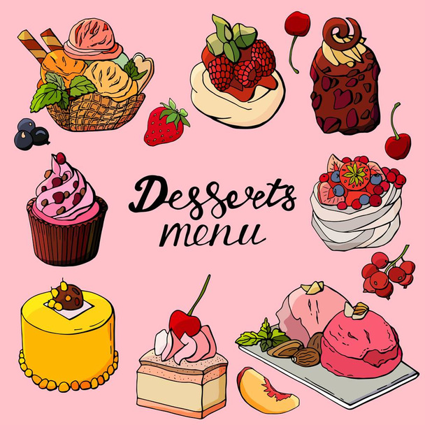  Dessert menu. Taart, ijs, meringue, cupcake. Letteren op het dessertmenu. Voorraadillustratie. - Vector, afbeelding